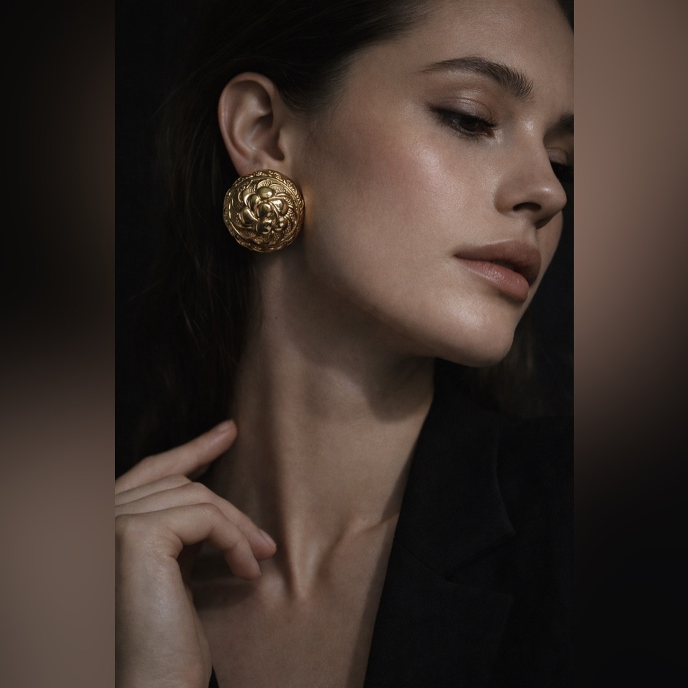Vintage Nina Ricci Gold Tone Rosette Clip-On Earrings Sculptural Statement